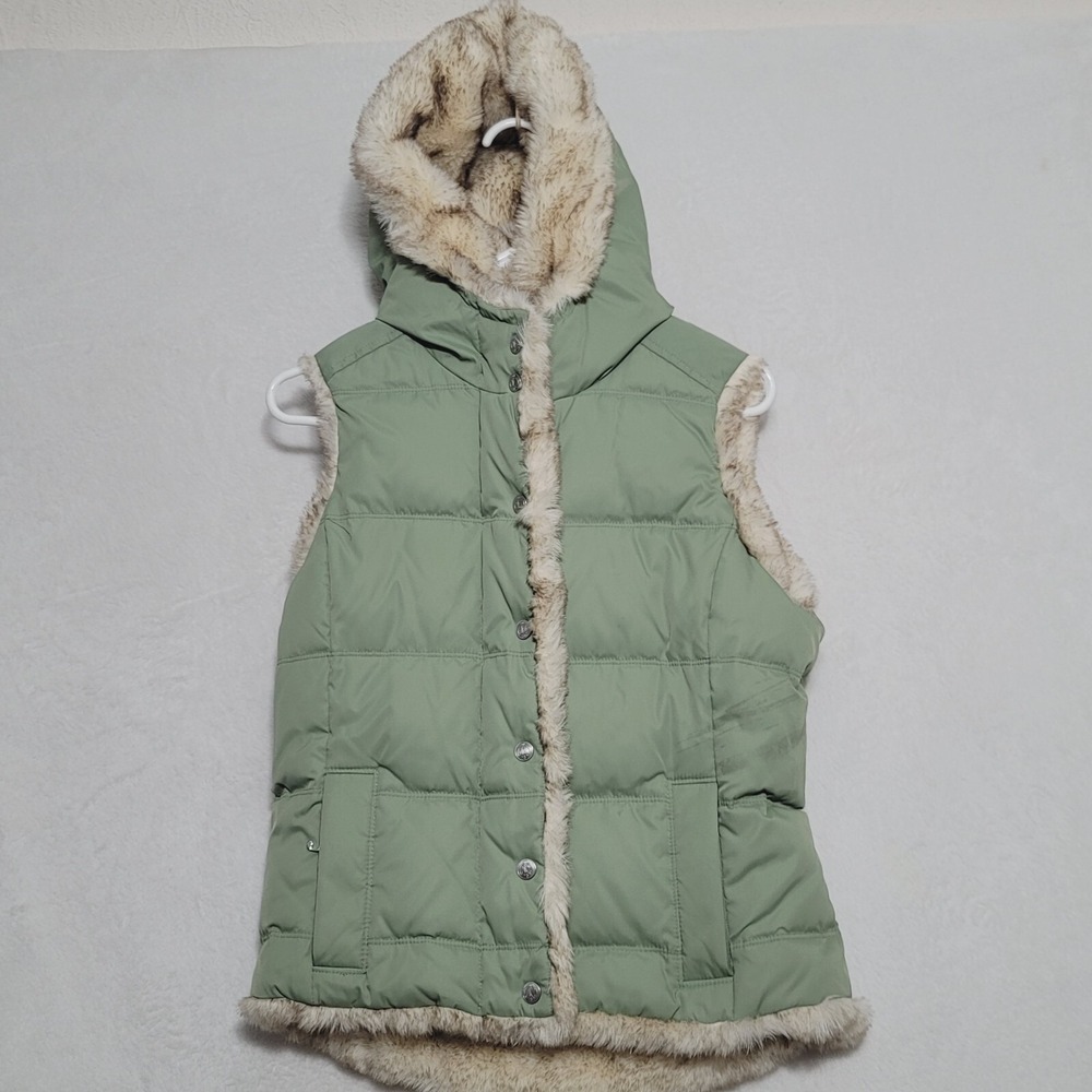 Juicy couture Womens puffer vest Small Green hooded‎ Down Feather Filled